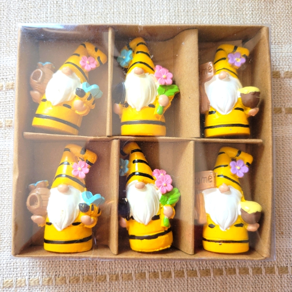 Set of 6 Yellow Mini Gnome Figurines with Bumble Bees